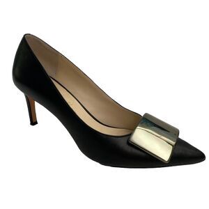 Bettye Muller Pump Black Leather Point Toe Slim 2.5" Heel Green Plate 6.5